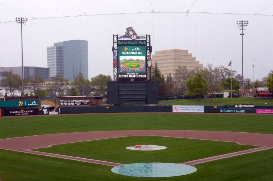 FILE - Sutter Health Park, where the Athletics' plan to spend three seasons before relocating to Las Vegas and a new ballpark ahead of the 2028 campaign, is shown in West Sacramento, Calif., April 4, 2024. (AP Photo/Rich Pedroncelli, File)