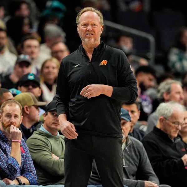 Phoenix Suns head coach Mike Budenholzer during the first half of an NBA basketball game against the Charlotte Hornets in Charlotte, N.C., Tuesday, Jan. 7, 2025. (AP Photo/Jim Dedmon)