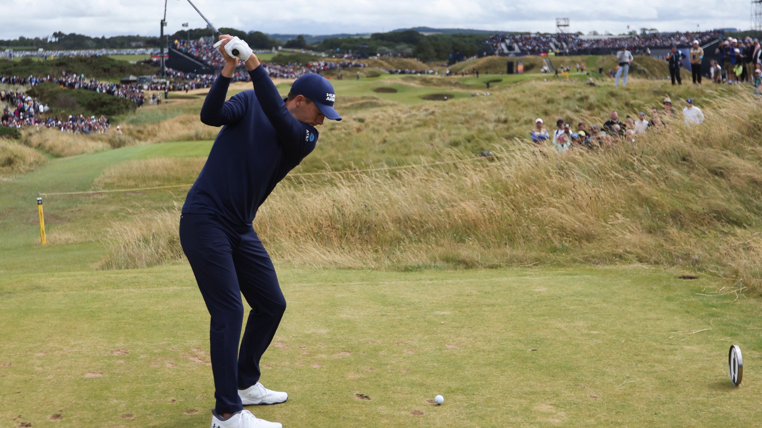 FILE - Jordan Spieth of the United States hits off the seventh tee during his second round of the British Open Golf Championships at Royal Troon golf club in Troon, Scotland, Friday, July 19, 2024. (AP Photo/Peter Morrison, File)