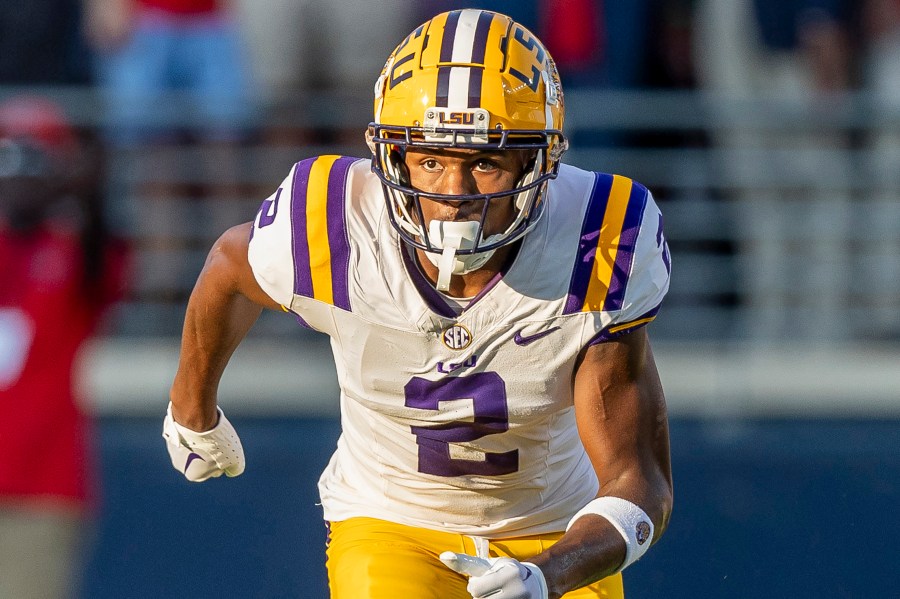 FILE - Then-LSU wide receiver Kyren Lacy (2) during the first half of an NCAA football game on Saturday, Sept. 30, 2023, in Oxford, Miss. (AP Photo/Vasha Hunt, File)