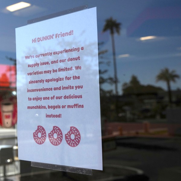 A sign on the door of a Dunkin' Donuts restaurant explains that customers will find limited doughnut selections for sale Friday, Jan. 10, 2025, in Tempe, Ariz. (AP Photo/Ross D. Franklin)