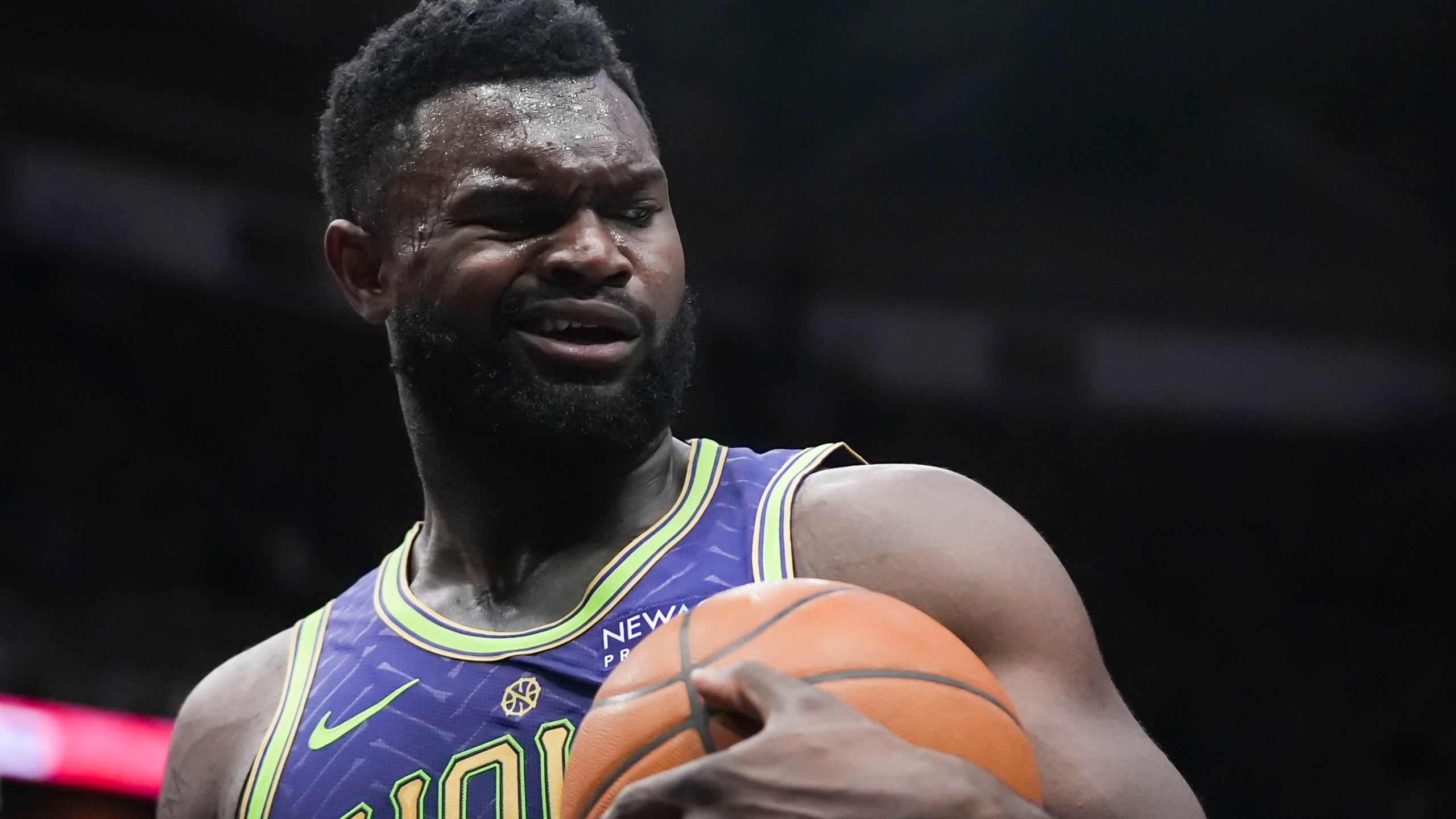 New Orleans Pelicans forward Zion Williamson reacts to an official's call in the first half of an NBA basketball game against the Minnesota Timberwolves in New Orleans, Tuesday, Jan. 7, 2025. (AP Photo/Gerald Herbert)