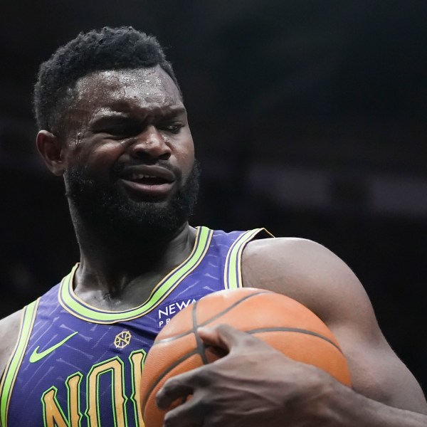 New Orleans Pelicans forward Zion Williamson reacts to an official's call in the first half of an NBA basketball game against the Minnesota Timberwolves in New Orleans, Tuesday, Jan. 7, 2025. (AP Photo/Gerald Herbert)