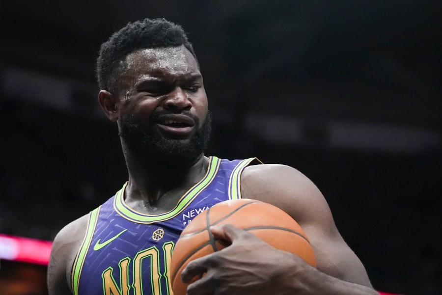 New Orleans Pelicans forward Zion Williamson reacts to an official's call in the first half of an NBA basketball game against the Minnesota Timberwolves in New Orleans, Tuesday, Jan. 7, 2025. (AP Photo/Gerald Herbert)