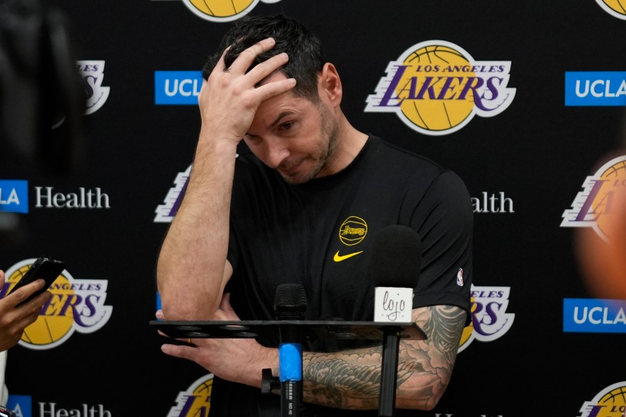 Los Angeles Lakers coach JJ Redick recounts that he and his family lost their house in the deadly Pacific Palisades wildfire during an NBA basketball news conference at the UCLA Health Training Center in El Segundo, Calif., Friday, Jan. 10, 2025. (AP Photo/Damian Dovarganes)