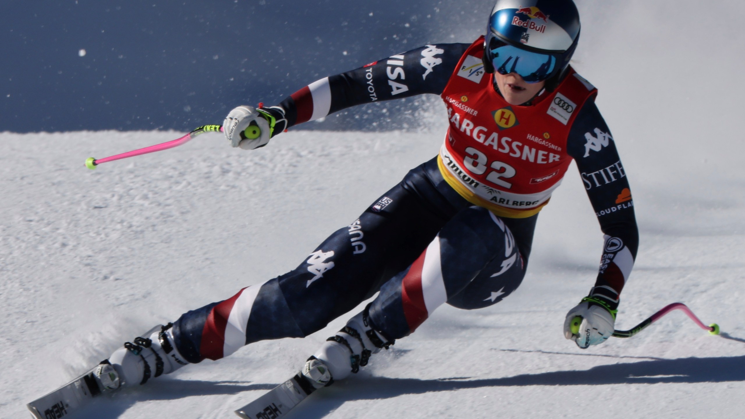 United States Lindsey Vonn speeds down the course during an alpine ski, women's World Cup downhill race, in St. Anton, Austria, Saturday, Jan. 11, 2025. (AP Photo/Marco Trovati)