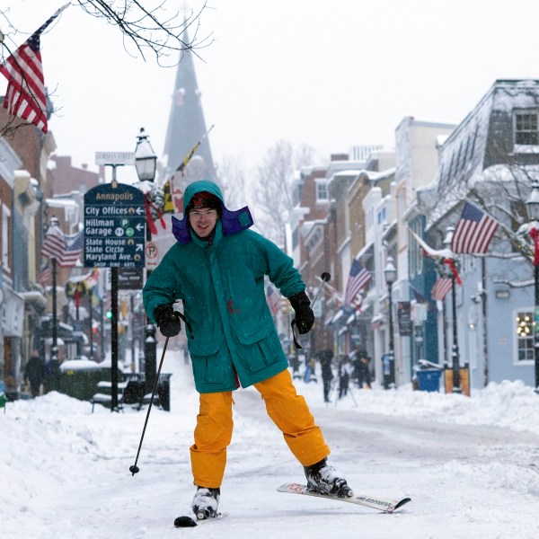 FILE - Cosimos Cendo, of Washington, D.C., skis down Main Street in Annapolis, Md., Jan. 6, 2025, during a snow storm. (AP Photo/Susan Walsh, File)