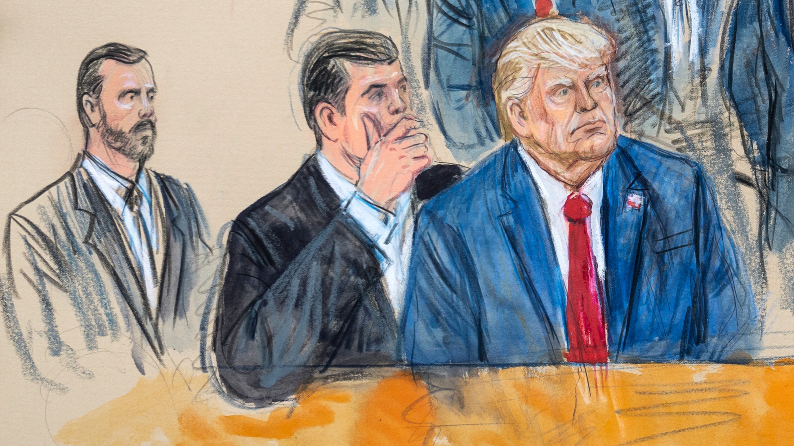 FILE - This artist sketch depicts former President Donald Trump, right, conferring with defense lawyer Todd Blanche, center, during his appearance at the Federal Courthouse in Washington, Thursday, Aug. 3, 2023. Special Prosecutor Jack Smith sits at left. (Dana Verkouteren via AP, File)