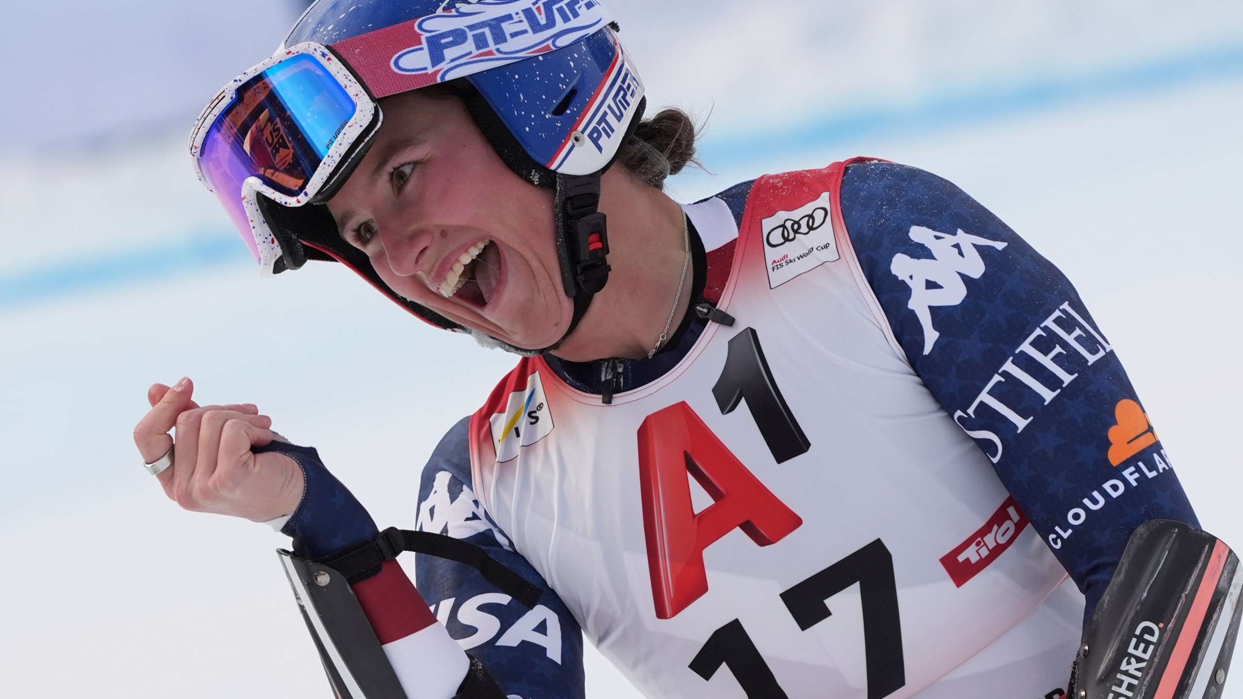 United States' Lauren Macuga reacts after completing an alpine ski, women's World Cup super G race, in St. Anton, Austria, Sunday, Jan. 12, 2025. (AP Photo/Giovanni Auletta)