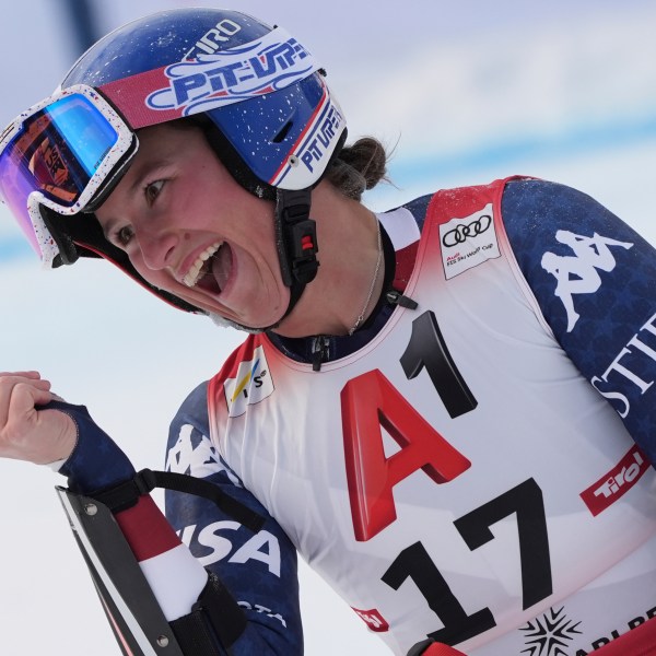 United States' Lauren Macuga reacts after completing an alpine ski, women's World Cup super G race, in St. Anton, Austria, Sunday, Jan. 12, 2025. (AP Photo/Giovanni Auletta)