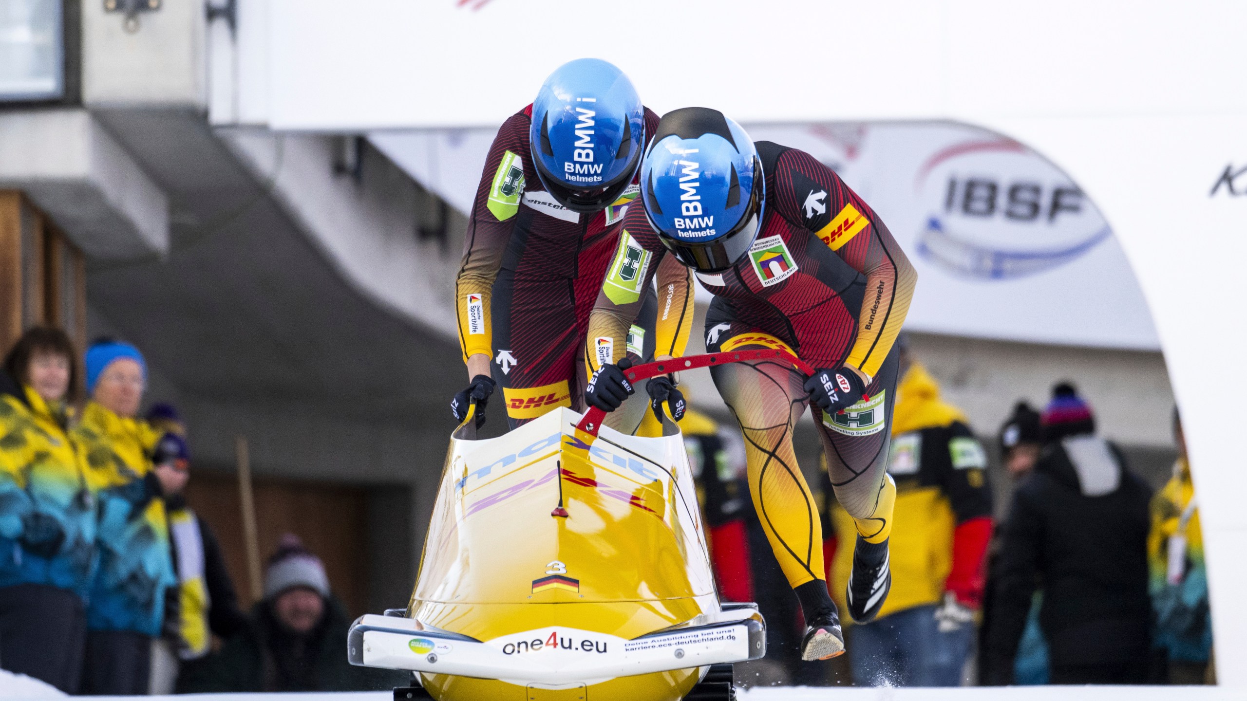 Lisa Buckwitz and Neele Schuten of Germany in action during the women's 2-Bob World Cup in St. Moritz, Switzerland, Sunday, Jan. 12, 2025. (Mayk Wendt/Keystone via AP)