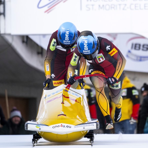 Lisa Buckwitz and Neele Schuten of Germany in action during the women's 2-Bob World Cup in St. Moritz, Switzerland, Sunday, Jan. 12, 2025. (Mayk Wendt/Keystone via AP)