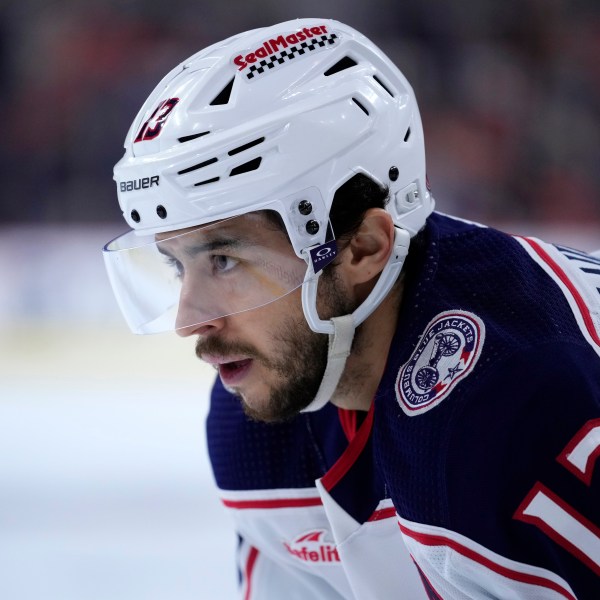 FILE - Columbus Blue Jackets' Johnny Gaudreau plays during an NHL hockey game, Jan. 4, 2024, in Philadelphia. (AP Photo/Matt Slocum, File)