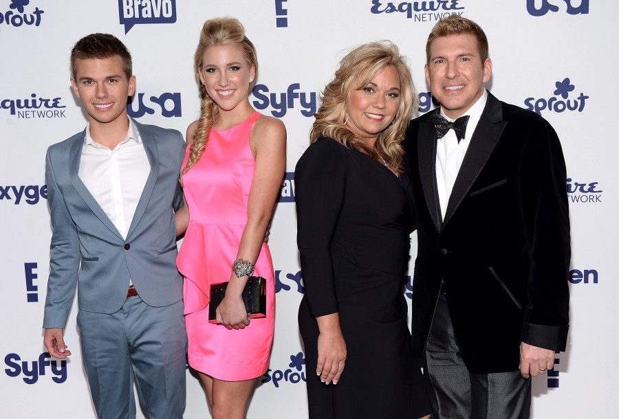 FILE - "Chrisley Knows Best" cast members from left, Chase Chrisley, Savannah Crisley, Julie Crisley and Todd Chrisley attend the NBCUniversal Cable Entertainment 2014 Upfront at the Javits Center on Thursday, May 15, 2014, in New York. (Photo by Evan Agostini/Invision/AP, File)