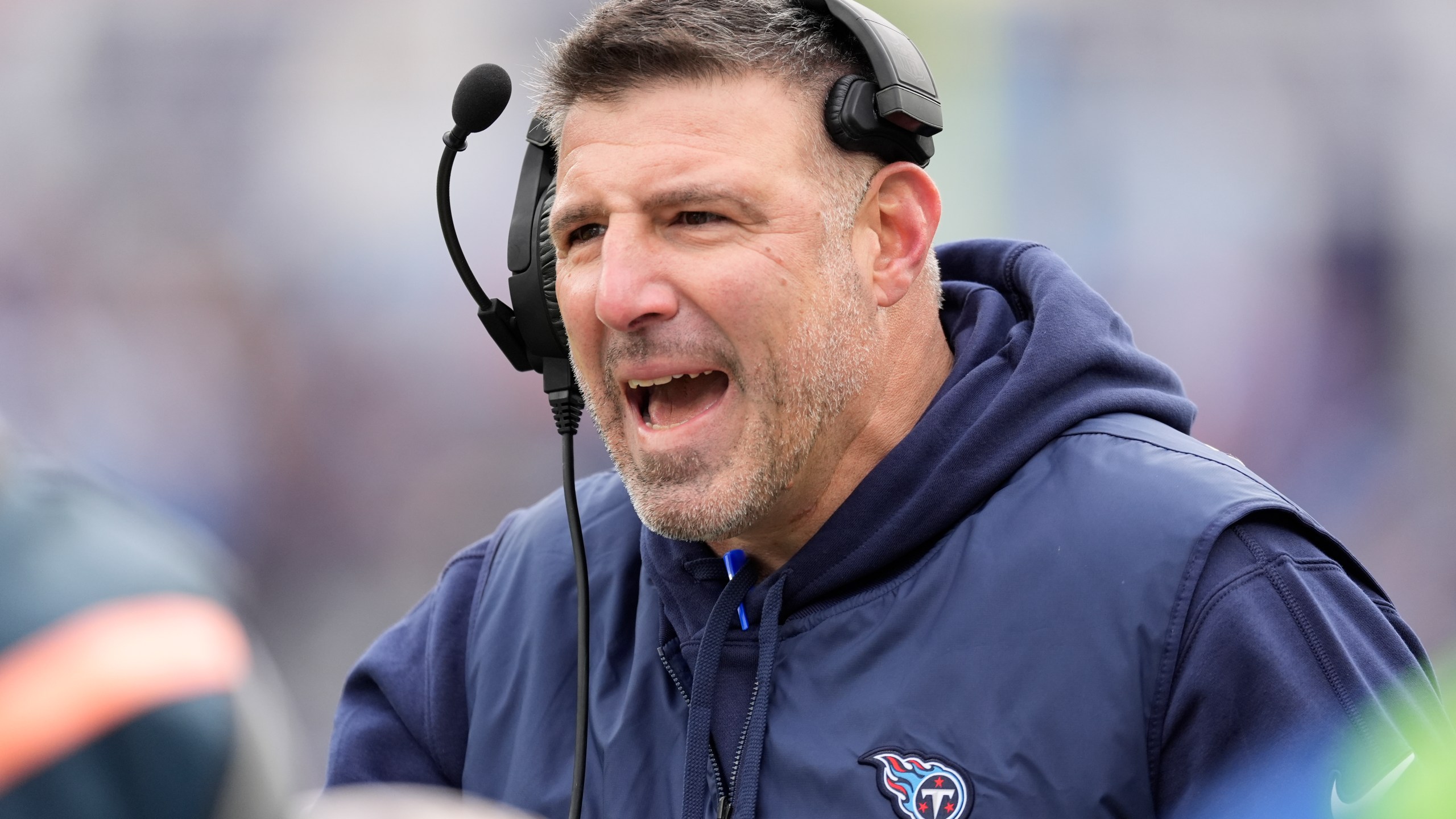 FILE - Tennessee Titans head coach Mike Vrabel argues a call during the first half of an NFL football game against the Jacksonville Jaguars Sunday, Jan. 7, 2024, in Nashville, Tenn. (AP Photo/George Walker IV, File)