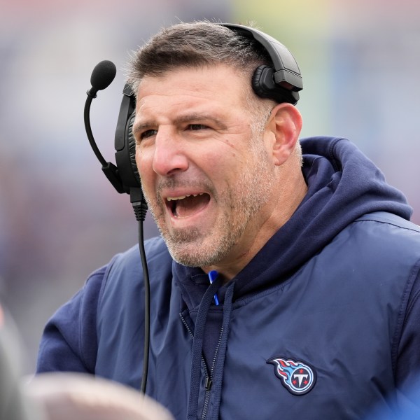 FILE - Tennessee Titans head coach Mike Vrabel argues a call during the first half of an NFL football game against the Jacksonville Jaguars Sunday, Jan. 7, 2024, in Nashville, Tenn. (AP Photo/George Walker IV, File)