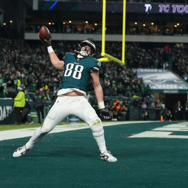 Philadelphia Eagles tight end Dallas Goedert celebrates his touchdown during the second half of an NFL wild-card playoff football game against the Green Bay Packers on Sunday, Jan. 12, 2025, in Philadelphia. (AP Photo/Matt Slocum)