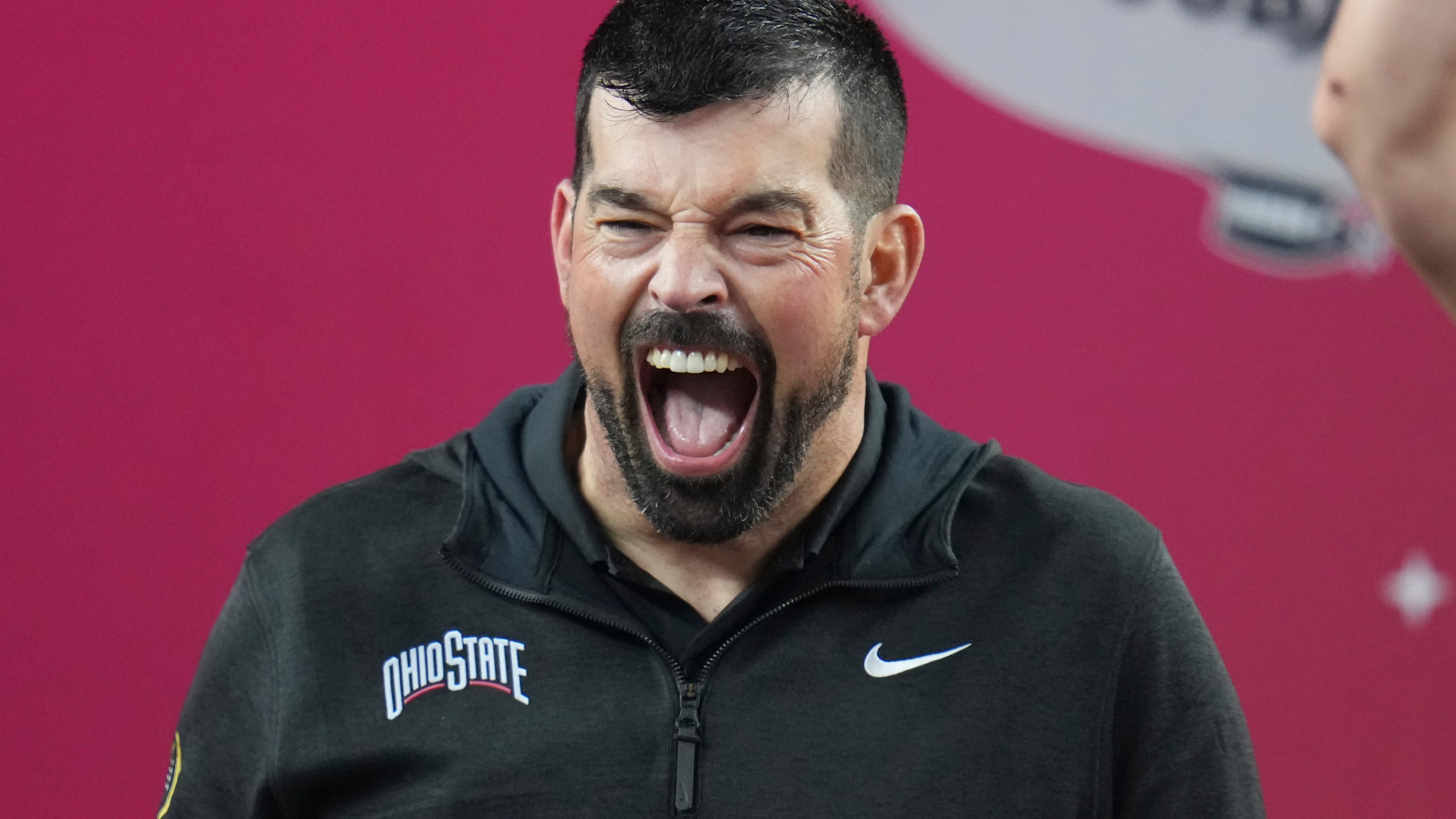 Ohio State head coach Ryan Day celebrates after the Cotton Bowl College Football Playoff semifinal game against Texas, Friday, Jan. 10, 2025, in Arlington, Texas. (AP Photo/Julio Cortez)