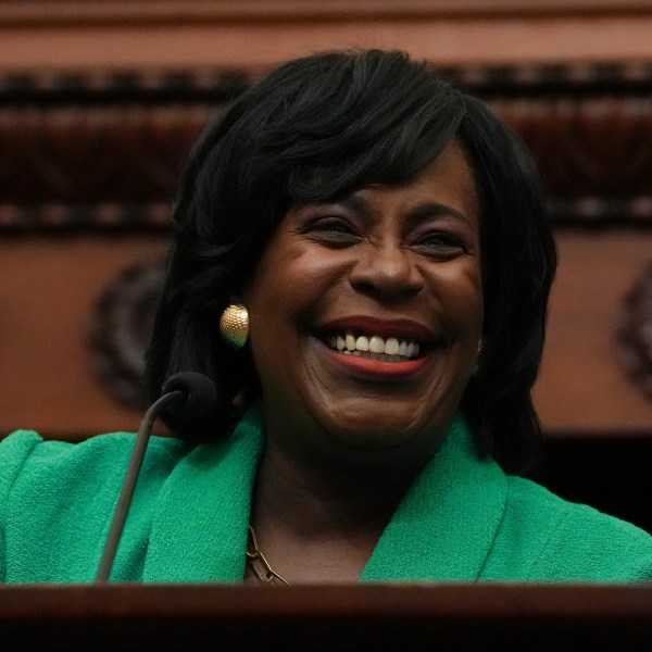 Philadelphia Mayor Cherelle Parker speaks during a news conference in Philadelphia, Monday, Jan. 13, 2025, announcing that the Philadelphia 76ers will partner with Comcast, their current landlord, to build a new arena in South Philadelphia and abandon a deal with the city to build the arena downtown,. (AP Photo/Matt Rourke)