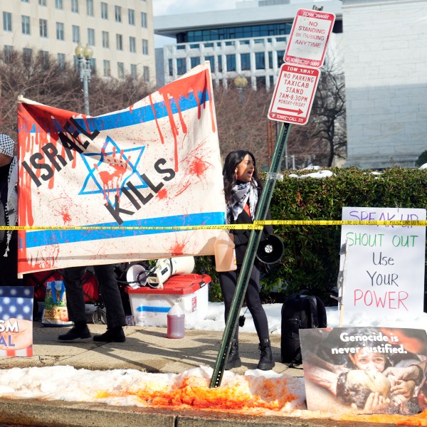 Protesters line the street as President Joe Biden's motorcade passes on its way to the State Department for Biden to speak about foreign policy in Washington, Monday, Jan. 13, 2025. (AP Photo/Susan Walsh)