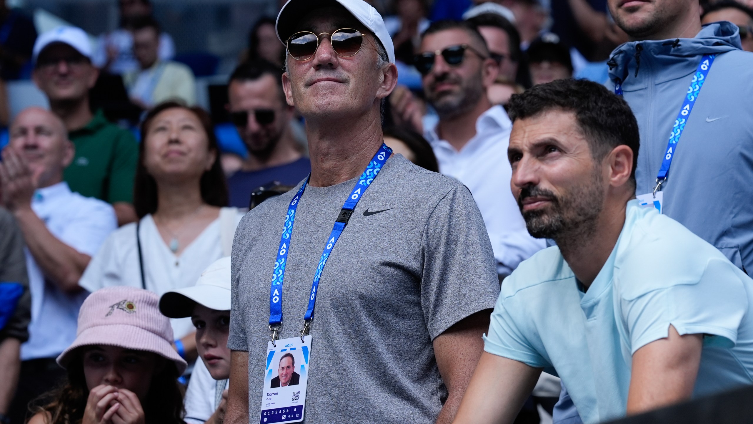 Darren Cahill, coach of Jannik Sinner of Italy reacts after his first round win over Nicolas Jarry of Chile at the Australian Open tennis championship in Melbourne, Australia, Monday, Jan. 13, 2025. (AP Photo/Asanka Brendon Ratnayake)