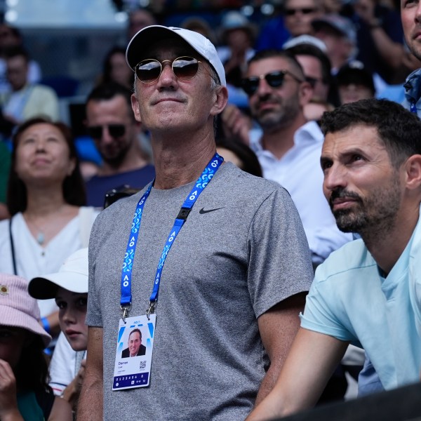 Darren Cahill, coach of Jannik Sinner of Italy reacts after his first round win over Nicolas Jarry of Chile at the Australian Open tennis championship in Melbourne, Australia, Monday, Jan. 13, 2025. (AP Photo/Asanka Brendon Ratnayake)