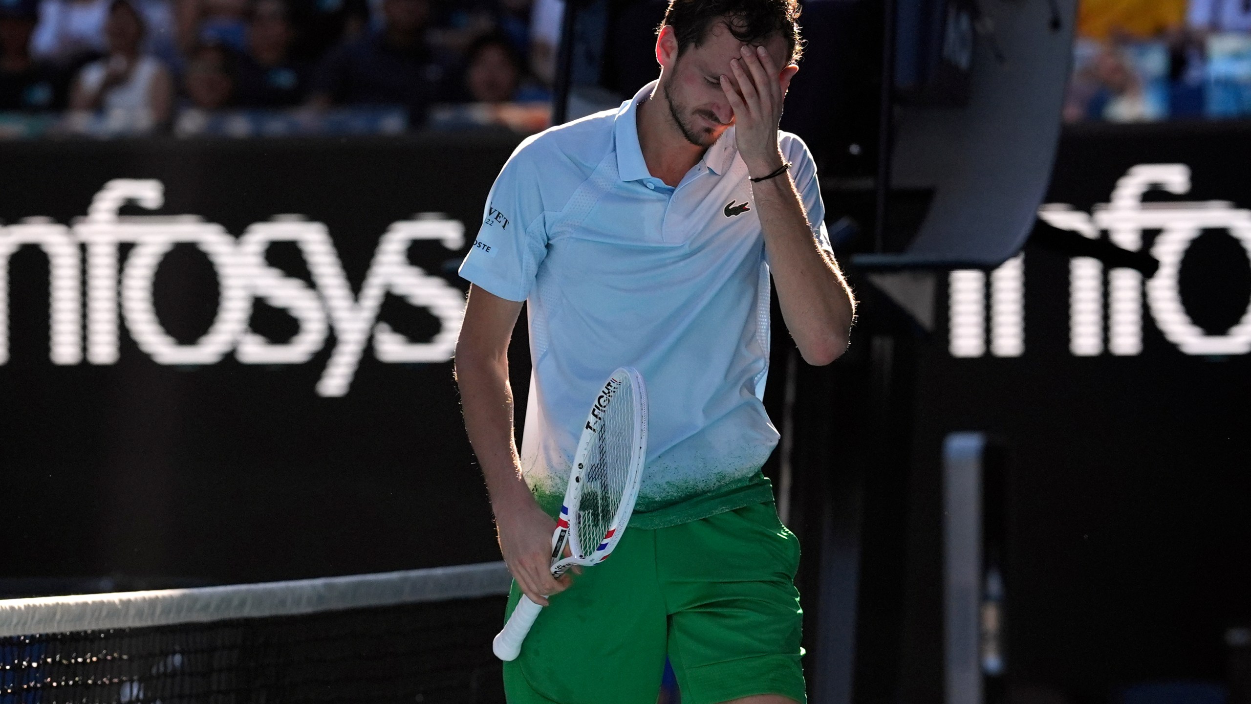 Daniil Medvedev of Russia reacts during his first round match against Kasidit Samrej of Thailand at the Australian Open tennis championship in Melbourne, Australia, Tuesday, Jan. 14, 2025. (AP Photo/Ng Han Guan)