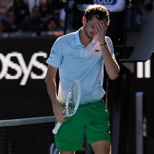 Daniil Medvedev of Russia reacts during his first round match against Kasidit Samrej of Thailand at the Australian Open tennis championship in Melbourne, Australia, Tuesday, Jan. 14, 2025. (AP Photo/Ng Han Guan)