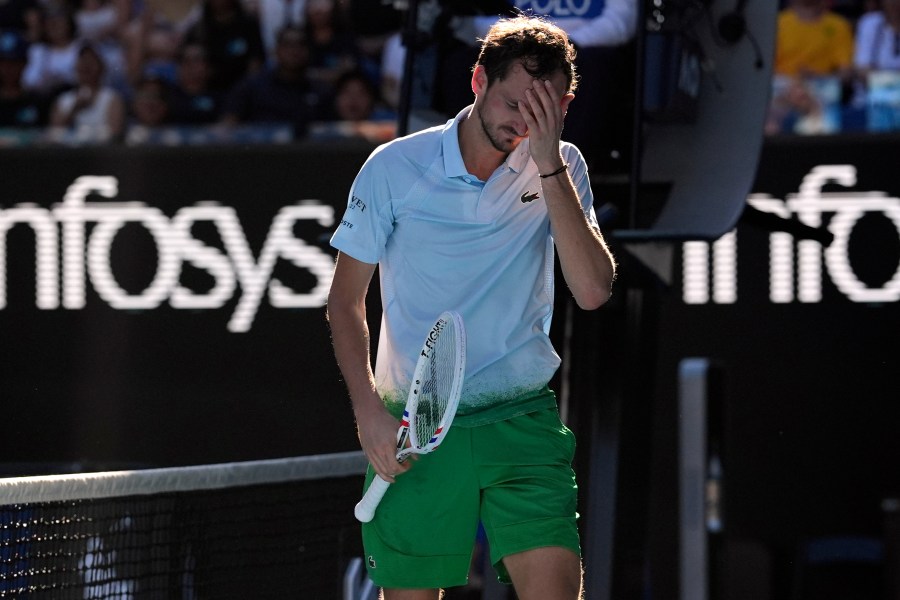 Daniil Medvedev of Russia reacts during his first round match against Kasidit Samrej of Thailand at the Australian Open tennis championship in Melbourne, Australia, Tuesday, Jan. 14, 2025. (AP Photo/Ng Han Guan)