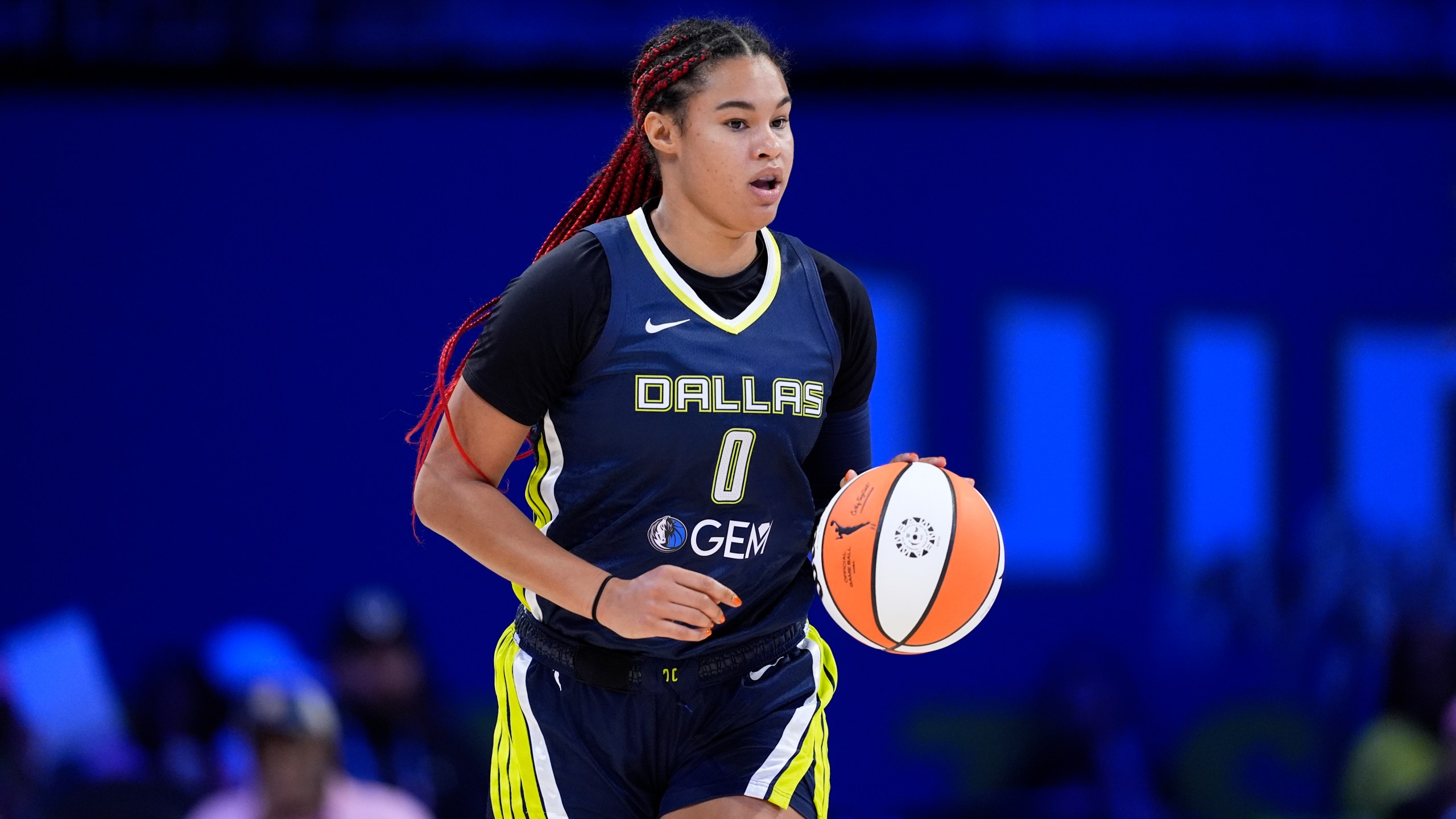 FILE - Dallas Wings forward Satou Sabally handles the ball during a WNBA basketball game against the New York Liberty, Thursday, Sept. 12, 2024, in Arlington, Texas. (AP Photo/Tony Gutierrez, File)