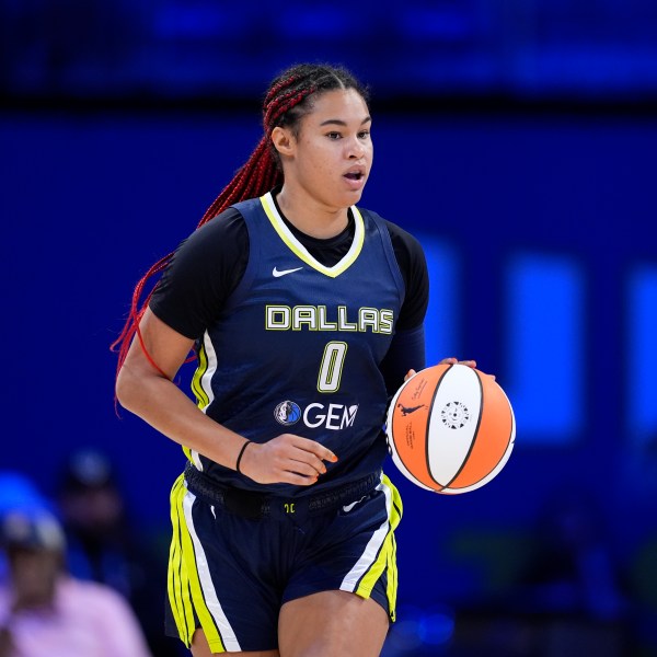 FILE - Dallas Wings forward Satou Sabally handles the ball during a WNBA basketball game against the New York Liberty, Thursday, Sept. 12, 2024, in Arlington, Texas. (AP Photo/Tony Gutierrez, File)