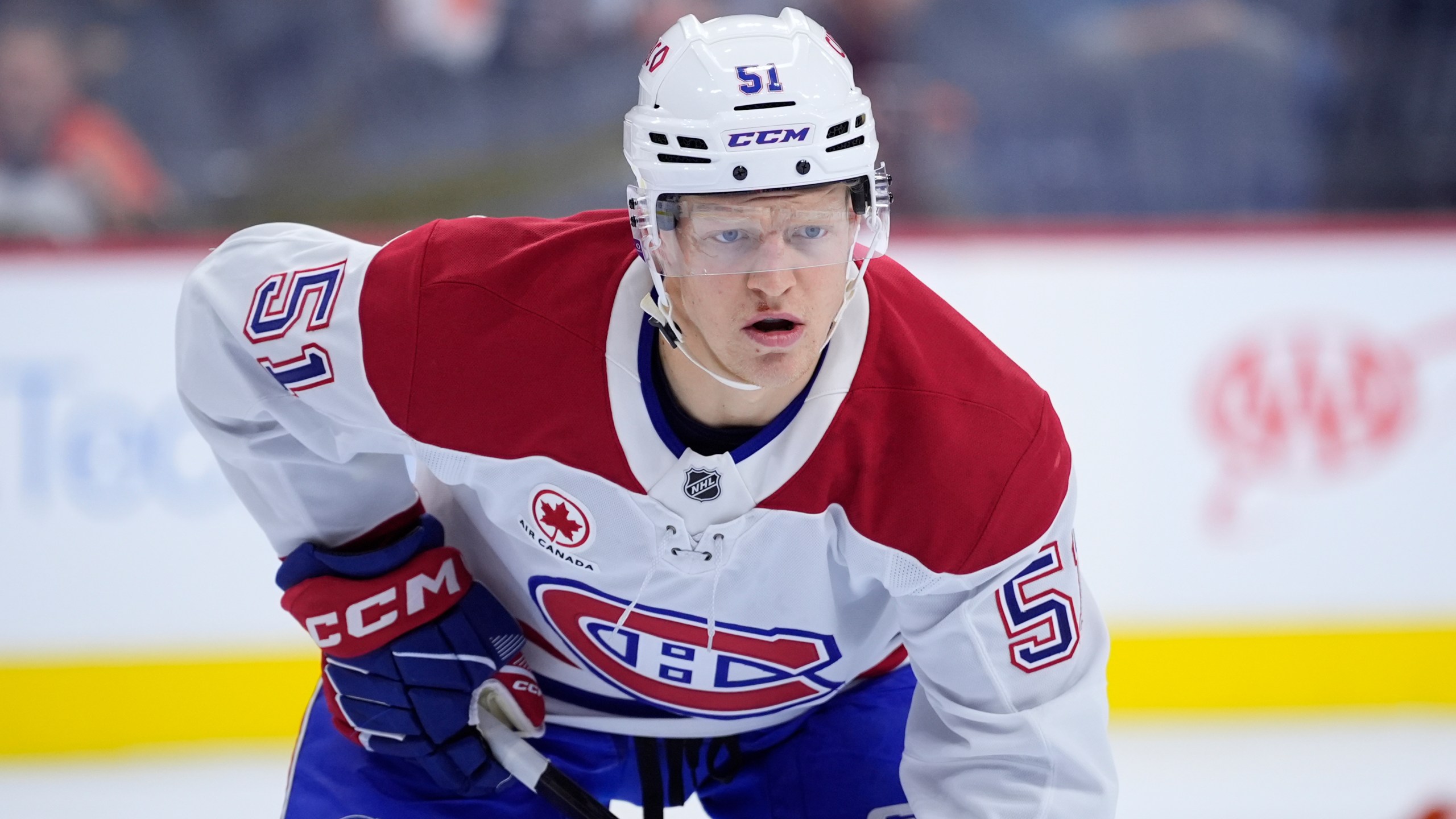 FILE - Montreal Canadiens' Emil Heineman gets set during a face off in an NHL hockey game against the Philadelphia Flyers, Sunday, Oct. 27, 2024, in Philadelphia. (AP Photo/Matt Slocum, File)