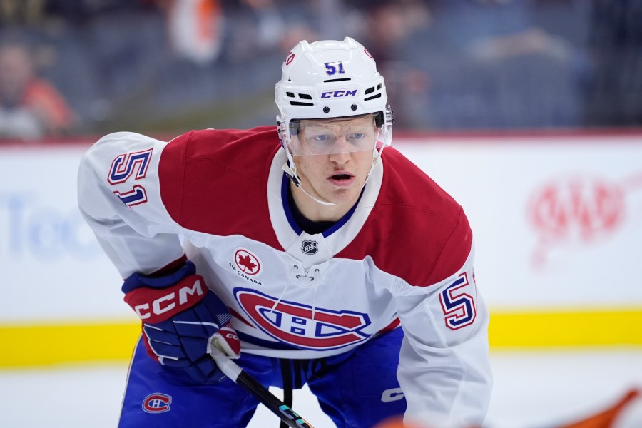 FILE - Montreal Canadiens' Emil Heineman gets set during a face off in an NHL hockey game against the Philadelphia Flyers, Sunday, Oct. 27, 2024, in Philadelphia. (AP Photo/Matt Slocum, File)