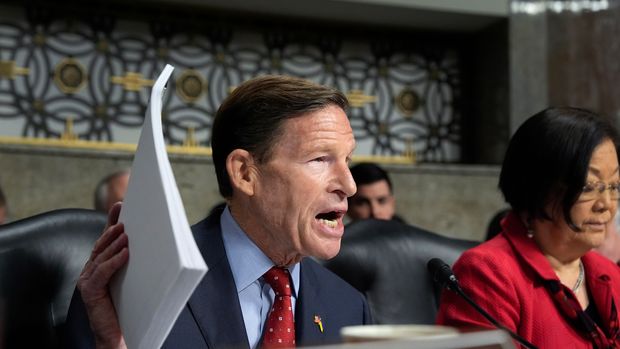 Sen. Richard Blumenthal, D-Conn. speaks at the Senate Armed Services Committee confirmation hearing for Pete Hegseth, President-elect Donald Trump's choice to be Defense secretary, at the Capitol in Washington, Tuesday, Jan. 14, 2025. (AP Photo/Alex Brandon)