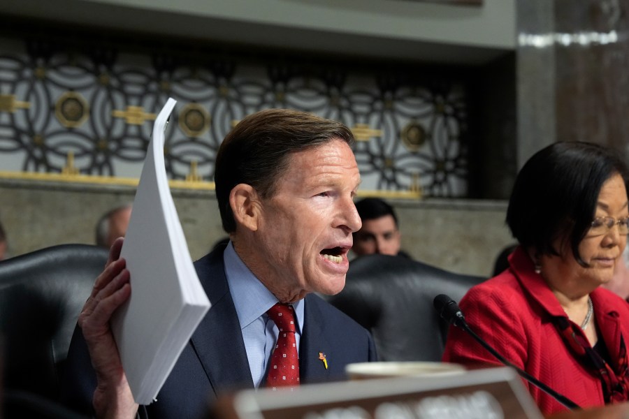 Sen. Richard Blumenthal, D-Conn. speaks at the Senate Armed Services Committee confirmation hearing for Pete Hegseth, President-elect Donald Trump's choice to be Defense secretary, at the Capitol in Washington, Tuesday, Jan. 14, 2025. (AP Photo/Alex Brandon)