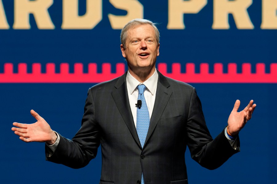 FILE - NCAA President Charlie Baker speaks at his first state of college sports address, at the association's annual convention in Phoenix, Jan. 10, 2024. (AP Photo/Ross D. Franklin, File)