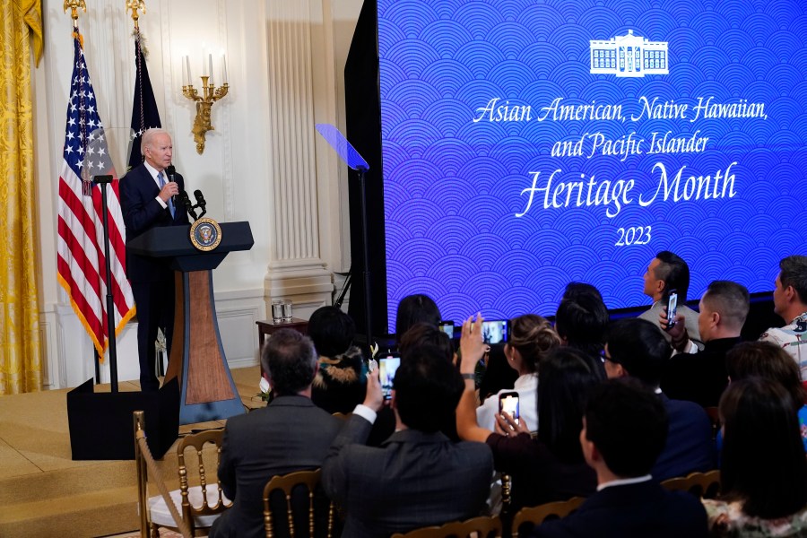 FILE - President Joe Biden speaks before a screening of the series "American Born Chinese" in the East Room of the White House in Washington, in celebration of Asian American, Native Hawaiian, and Pacific Islander Heritage Month, May 8, 2023. (AP Photo/Susan Walsh, File)