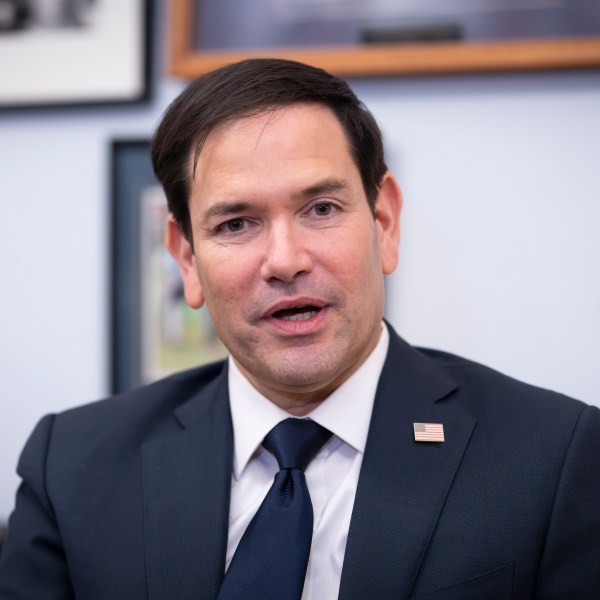 FILE - Sen. Marco Rubio, R-Fla., President-elect Trump's nominee to be secretary of State, speaks as he meets with Sen. Lindsey Graham, R-S.C., at the Capitol in Washington, Dec. 3, 2024. (AP Photo/J. Scott Applewhite, File)