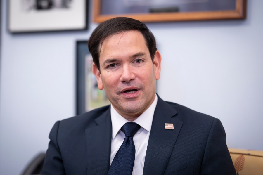 FILE - Sen. Marco Rubio, R-Fla., President-elect Trump's nominee to be secretary of State, speaks as he meets with Sen. Lindsey Graham, R-S.C., at the Capitol in Washington, Dec. 3, 2024. (AP Photo/J. Scott Applewhite, File)