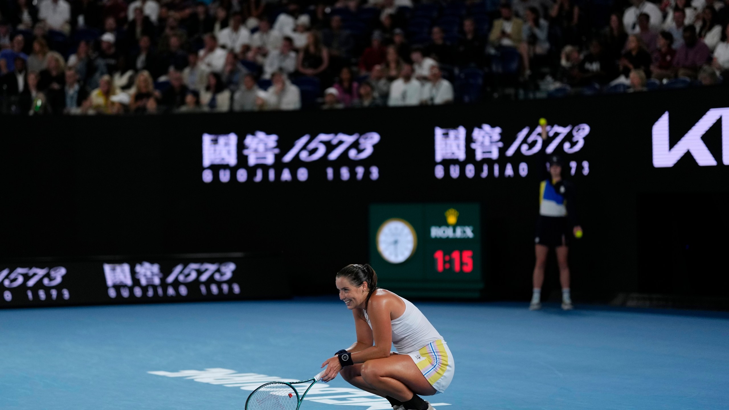 Jodie Burrage of Britain reacts during her second round match against Coco Gauff of the U.S. at the Australian Open tennis championship in Melbourne, Australia, Wednesday, Jan. 15, 2025. (AP Photo/Vincent Thian)