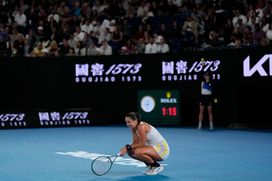 Jodie Burrage of Britain reacts during her second round match against Coco Gauff of the U.S. at the Australian Open tennis championship in Melbourne, Australia, Wednesday, Jan. 15, 2025. (AP Photo/Vincent Thian)