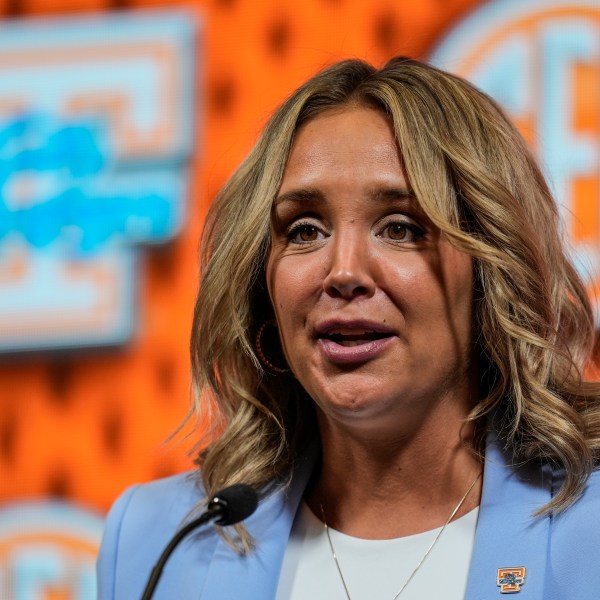 FILE - Tennessee head coach Kim Caldwell speaks during NCAA women's college basketball Southeastern Conference Media Day, Oct. 16, 2024, in Birmingham, Ala. (AP Photo/Mike Stewart, File)