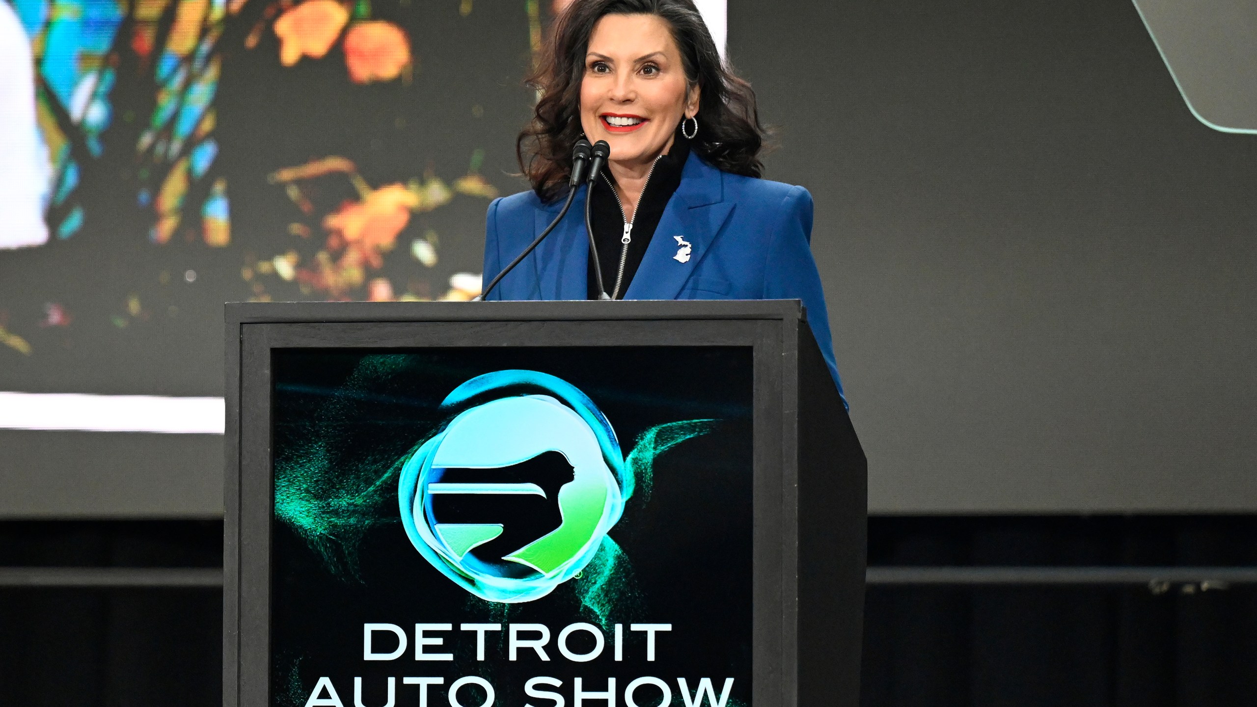 Michigan Gov. Gretchen Whitmer speaks at the Detroit Auto Show, Wednesday, Jan. 15, 2025, in Detroit. (AP Photo/Jose Juarez)