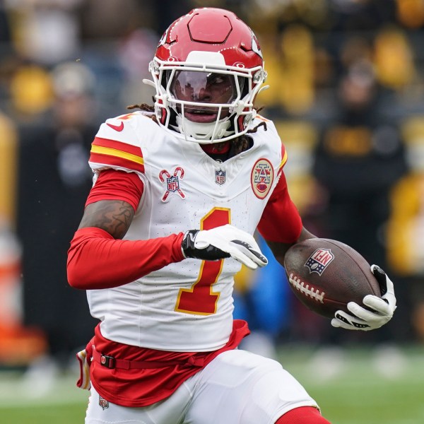 Kansas City Chiefs wide receiver Xavier Worthy (1) runs against the Pittsburgh Steelers during the first half of an NFL football game, Wednesday, Dec. 25, 2024, in Pittsburgh. (AP Photo/Matt Freed)