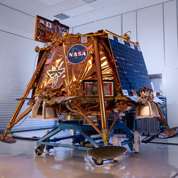 This photo provided by Firefly Aerospace in January 2025 shows the Blue Ghost lunar lander in a clean room. (Firefly Aerospace via AP)