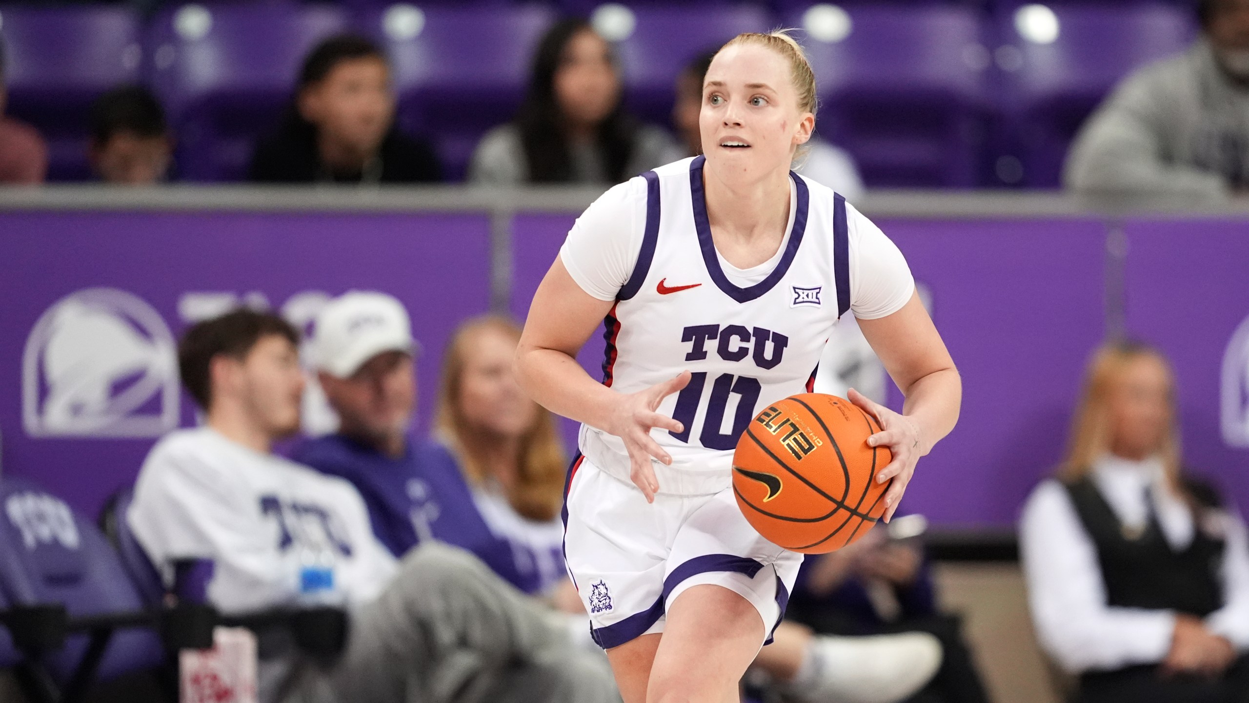 FILE - TCU guard Hailey Van Lith parepares to make a pass during an NCAA college basketball game against Louisiana Tech in Fort Worth, Texas, Sunday, Dec. 15, 2024. (AP Photo/Tony Gutierrez, File)