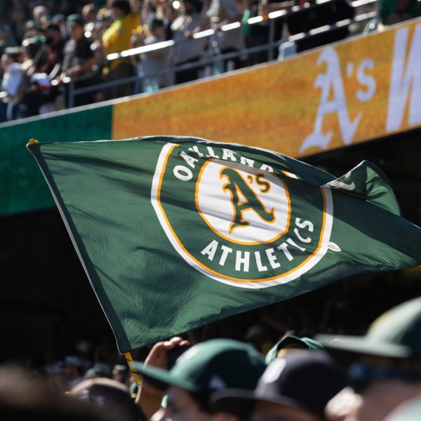 FILE - An Oakland Athletics flag is flown after a baseball game between the Athletics and the Texas Rangers, Thursday, Sept. 26, 2024, in Oakland, Calif. (AP Photo/Benjamin Fanjoy, File)