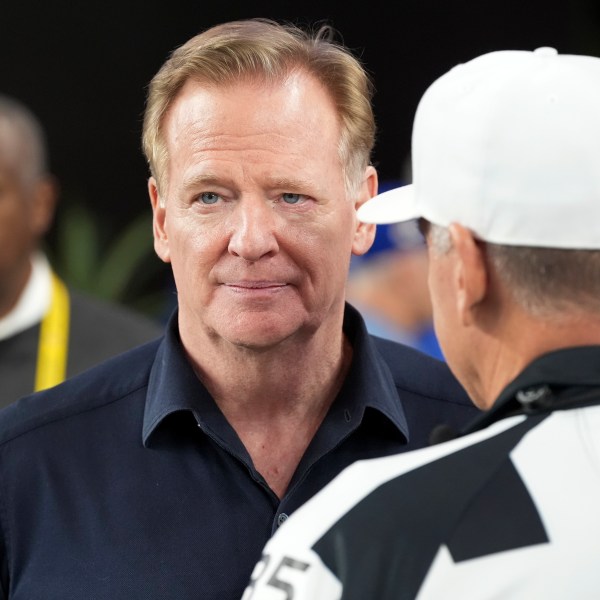 NFL Commissioner Roger Goodell, left, talks with Referee John Hussey before an NFL wild card playoff football game between the Los Angeles Rams and Minnesota Vikings, Monday, Jan. 13, 2025, in Glendale, Ariz. (AP Photo/Ross D. Franklin)