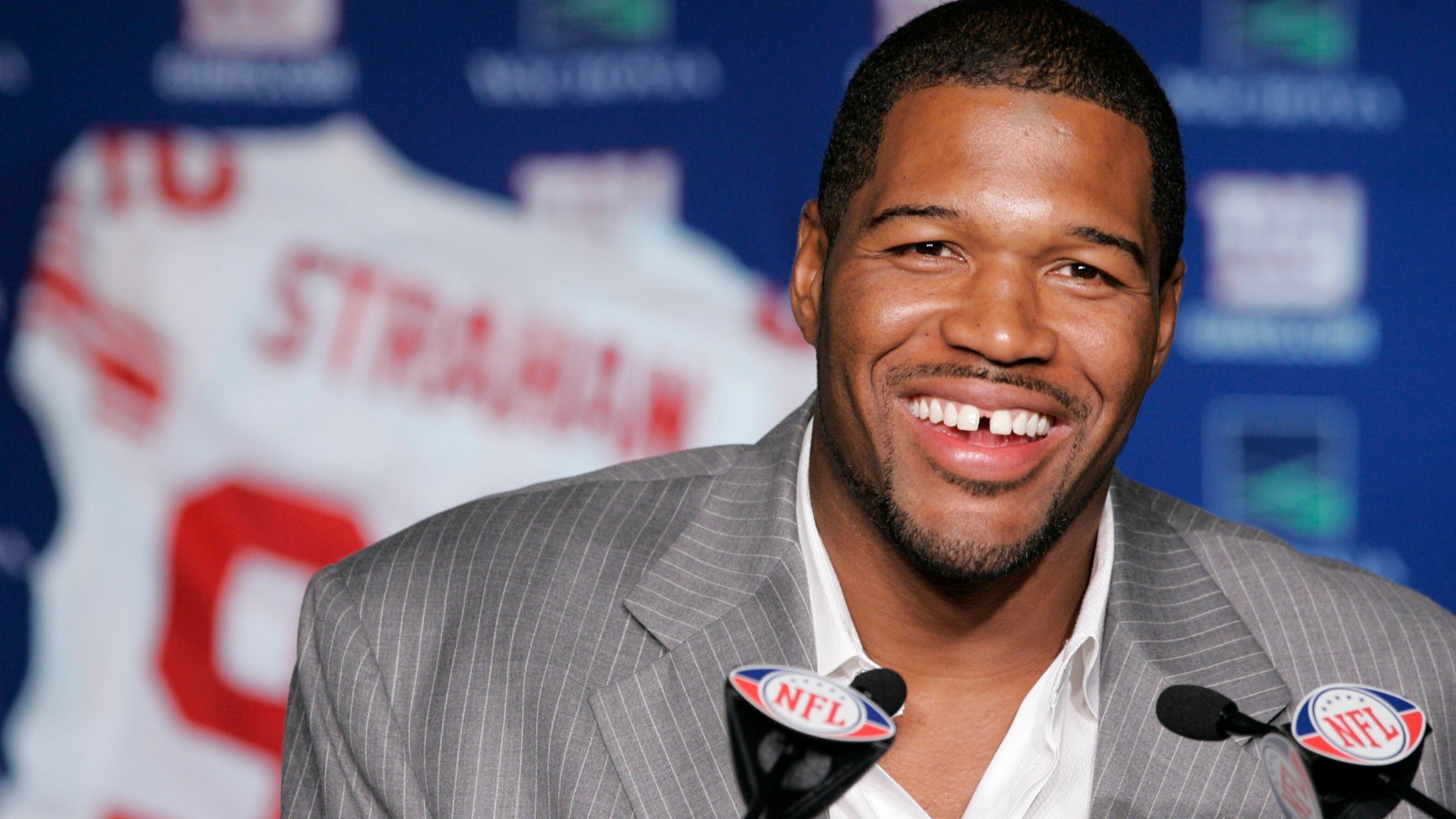 FILE - New York Giants Michael Strahan talks about his retirement from football during a news conference at Giants Stadium in East Rutherford, N.J., Tuesday, June 10, 2008. (AP Photo/Mike Derer, File)