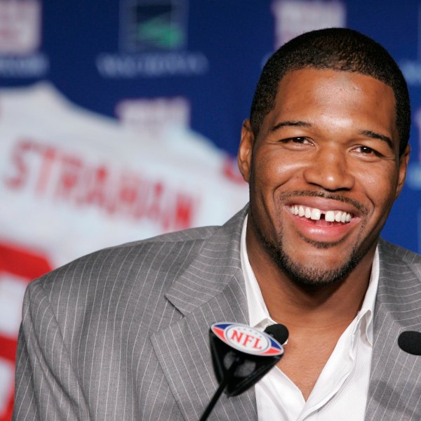 FILE - New York Giants Michael Strahan talks about his retirement from football during a news conference at Giants Stadium in East Rutherford, N.J., Tuesday, June 10, 2008. (AP Photo/Mike Derer, File)